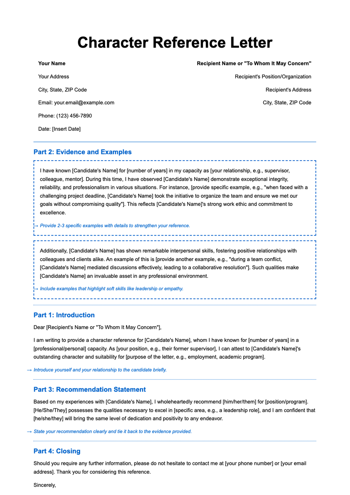 Anatomy of a character reference letter template with detailed sections and example content_variant_2